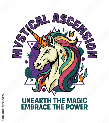 A striking illustration of a majestic unicorn with a rainbow mane and tail its horn a radiant golden spiral set against a mystical geometric background  T-shirt Design