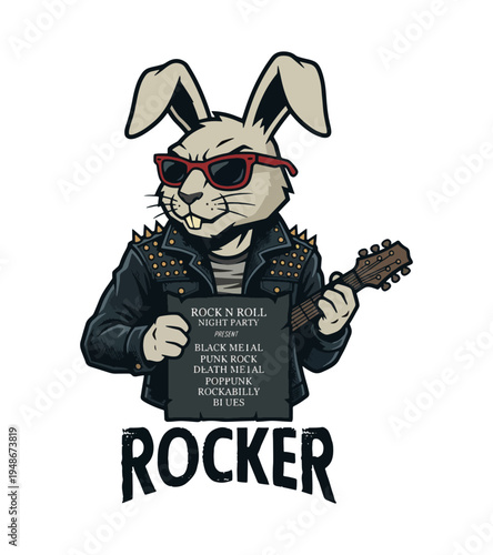 Cool anthropomorphic rabbit character dressed as a heavy metal rocker musician  holding a guitar and a playlist of music genres for a night party T-shirt Design