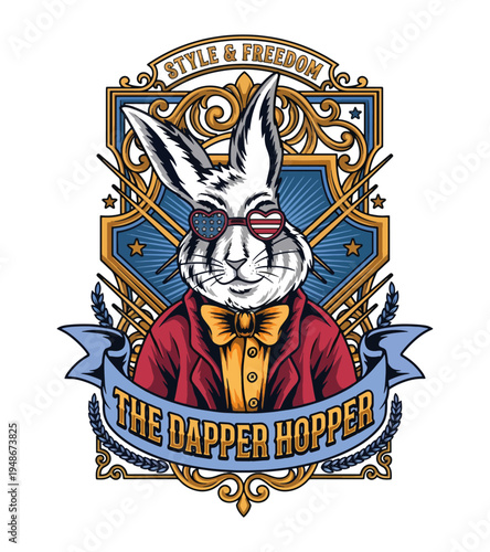 Charming anthropomorphic rabbit character wearing a stylish red blazer yellow shirt and bowtie adorned with patriotic American flag heartshaped sunglasses presented  Freedom T-shirt Design