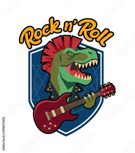 Creative illustration of a green dinosaur with a red mohawk and a black leather jacket playing a red electric guitar conveying the spirit of rock and roll music T-shirt Design
