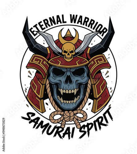 Detailed illustration of a fierce blue skull wearing a traditional Japanese samurai helmet with ornate red and gold armor and sharp horns for an eternal warrior concept T-shirt Design