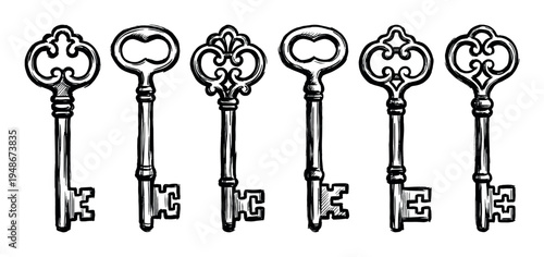 Six hand-drawn vintage skeleton keys are arranged in a row, showcasing their intricate and ornate designs.