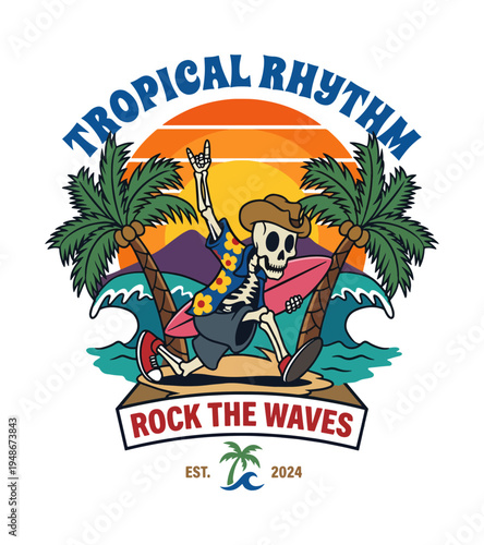 Fun cartoon skeleton character wearing a cowboy hat and Hawaiian shirt holding a surfboard and rocking out with hand gestures on a beach with palm trees and ocean waves under a sunset T-shirt Design