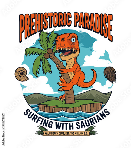 Humorous cartoon illustration of a TRex dinosaur clinging to a palm tree on a small island with waves crashing below and ancient fossils surrounding the scene T-shirt Design