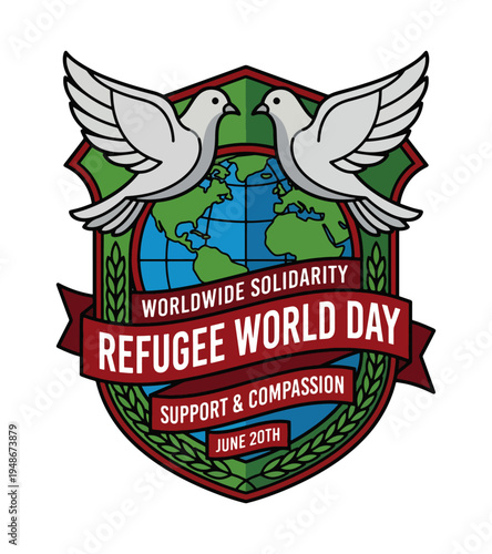 Illustration celebrating Refugee World Day with a shield emblem featuring doves a globe wheat stalks and text emphasizing worldwide solidarity and support T-shirt Design