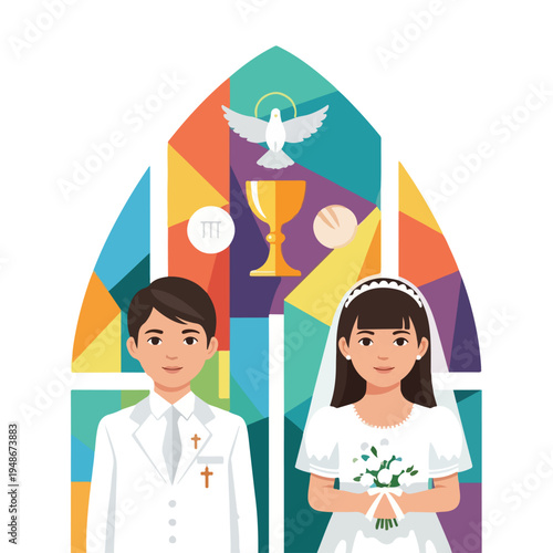 Illustration of a boy and girl celebrating a sacrament in front of a stained-glass window