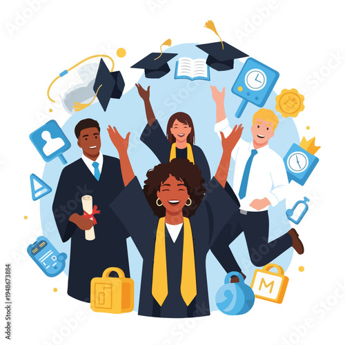 Group of graduates celebrating with diploma, caps, and academic regalia