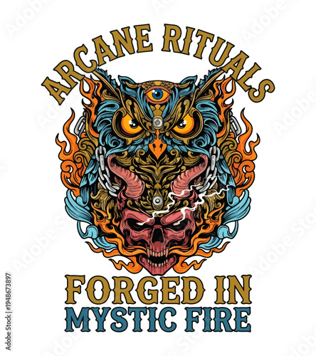 Intricate and stylized illustration featuring a mystical owl head merged with a skull and surrounded by flames symbolizing arcane rituals and dark magic with bold lettering T-shirt Design