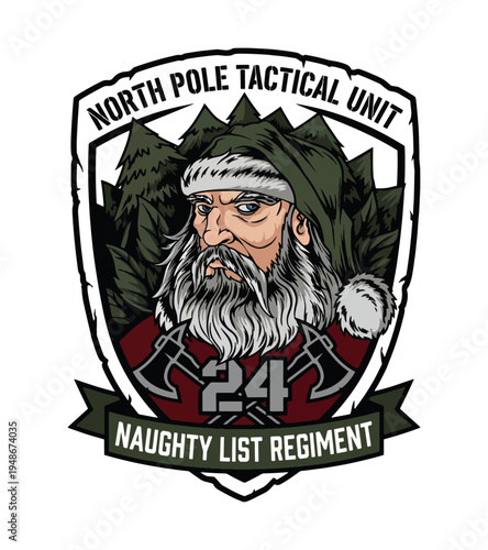 Tough Bearded Santa Claus portrayed as a military commander with tactical gear and axes symbolizing a strict enforcement of rules on the naughty list regiment during the holiday season T-shirt Design