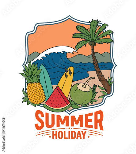 Vibrant illustration of a tropical beach scene featuring a palm tree crashing wave surfboards pineapple watermelon slice and coconut drink evoking a summery holiday atmosphere T-shirt Design