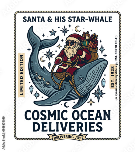 Whimsical illustration of Santa Claus wearing sunglasses riding a large whale through a starry night sky delivering presents embodying a cosmic ocean delivery lettering T-shirt Design