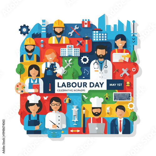 Illustration celebrating Labour Day with diverse workers in different professions