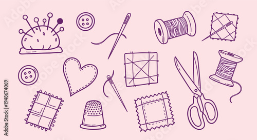 Hand drawn sewing and tailoring equipment set on pink background