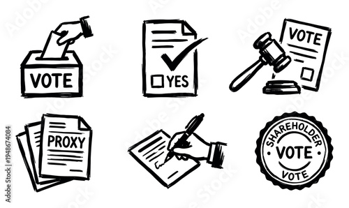 Hand-drawn collection of voting and election icons representing democratic processes and corporate shareholder decisions.