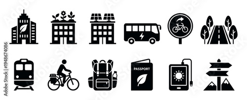 Comprehensive collection of black silhouette icons representing sustainable urban living, eco-friendly transportation, and green energy solutions.