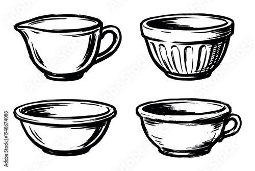 Collection of hand-drawn kitchen bowls and a pitcher, rendered in a rustic black and white sketch style, perfect for culinary designs.
