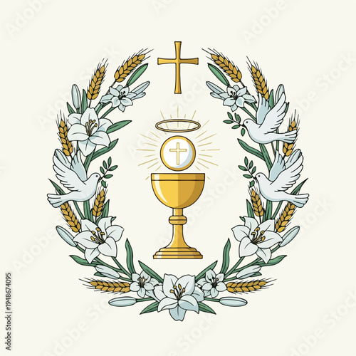 Floral wreath, doves, chalice, cross, and other religious symbols