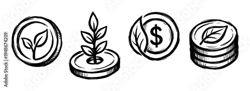 Four hand-drawn icons illustrate concepts of sustainable finance, green investment, and environmental economic growth.