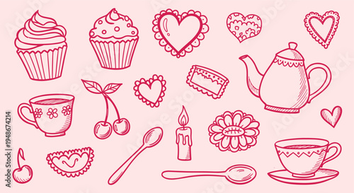 Hand Drawn Tea Time Elements Set on Pink Background