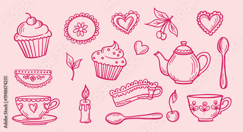 Hand drawn doodle set of tea party elements and sweet treats