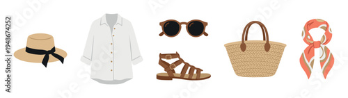 Stylish collection of summer fashion accessories including a hat, shirt, sunglasses, sandal, straw bag, and scarf.