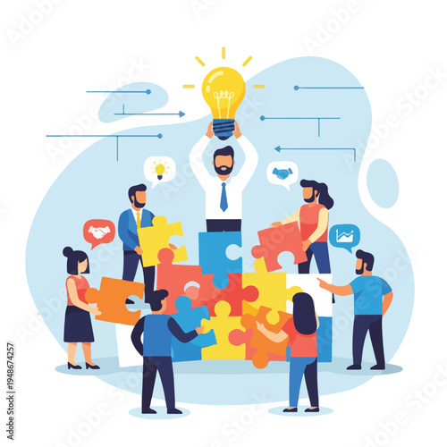 Group of people putting together puzzle and holding a lightbulb