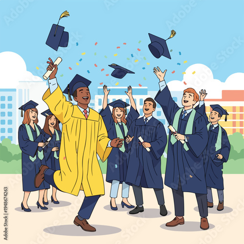 Group of graduates in robes, tossing caps and confetti after convocation