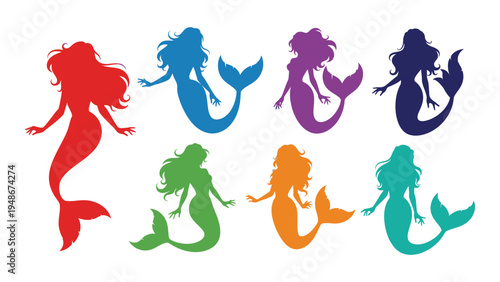 Vibrant mermaid silhouettes in diverse colors and shades illustration