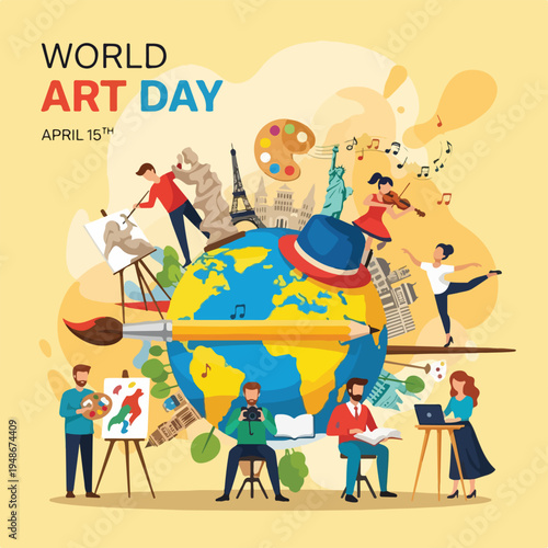 Illustration celebrating World Art Day, featuring diverse creative expressions