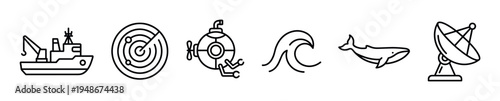 Collection of minimalist line icons representing various marine and naval elements such as ships, submarines, radar, and ocean waves.