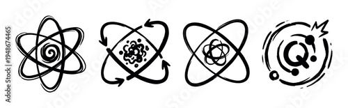 Collection of hand-drawn atomic and quantum physics icons representing scientific concepts and energy in a brush stroke style.