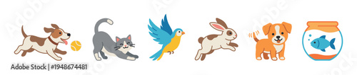 Cartoon illustration of various happy domestic pets including a dog, cat, parrot, rabbit, puppy, and a fish in a bowl, representing animal companionship.