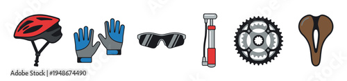 Collection of essential cycling accessories including a red helmet, gloves, sunglasses, a pump, a gear sprocket, and a comfortable bike saddle.