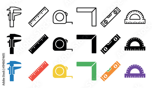 Comprehensive set of measuring tools and instruments, including calipers, rulers, tape measures, and levels, presented in various icon styles.