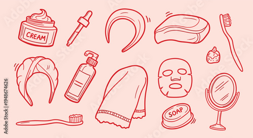 Doodle Skincare and Beauty Routine Elements Collection