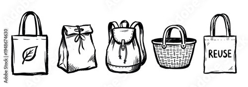 Collection of hand-drawn black and white line art illustrations depicting various eco-friendly reusable bags and containers.