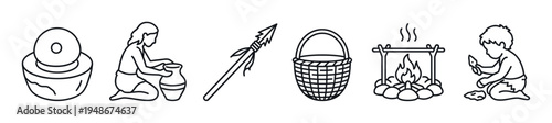 Various line icons showcasing primitive human life, including a grinding stone, pottery, spear, basket, campfire, and carving.