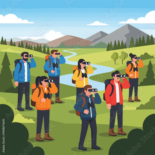 Group of hikers uses binoculars to scan the scenic landscape