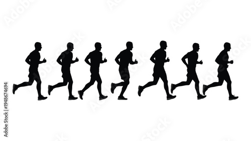 A series of black silhouette running figures in various motion postures on white background for fitness and sports illustration