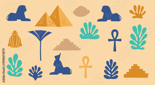 Ancient Egypt symbols and pyramid icons set
