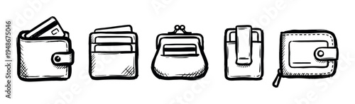 Collection of various hand-drawn wallet and cardholder icons in a sketch style, representing different ways to carry money and cards.