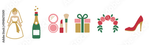 Charming collection of flat design wedding and bridal celebration icons, including a bride, champagne, makeup, gift, floral arch, and high heel shoe.