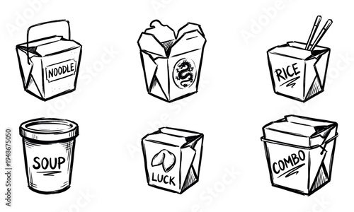 Hand-drawn sketches of various Asian takeout food containers, including noodle, rice, soup, and combo boxes, illustrating different meal options.