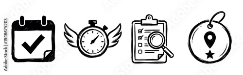 Set of hand-drawn business and productivity icons including calendar, stopwatch, checklist, and location tag symbols.