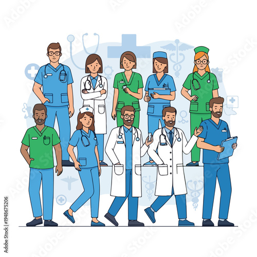 Group of medical professionals in scrubs and lab coats