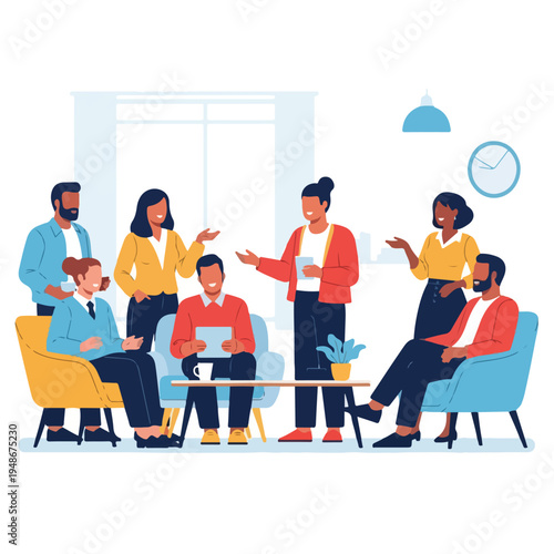 Illustration of a business meeting with diverse people, indoor setting