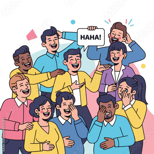 Group of diverse people sharing laughter in a colorful cartoon illustration
