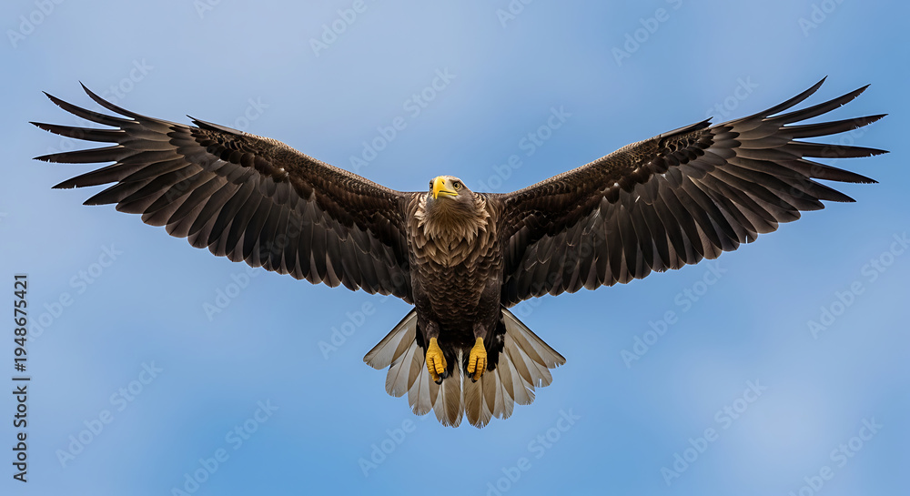 Fototapeta premium A large brown eagle flying through a blue sky with outstretched wings