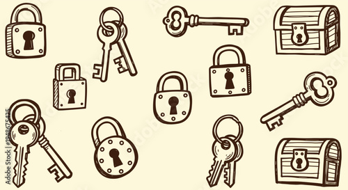Hand drawn illustration set of vintage padlocks keys and treasure chests