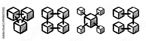 Hand-drawn illustrations depict various configurations of interconnected cubes, symbolizing concepts like blockchain technology, data networks, and distributed systems.